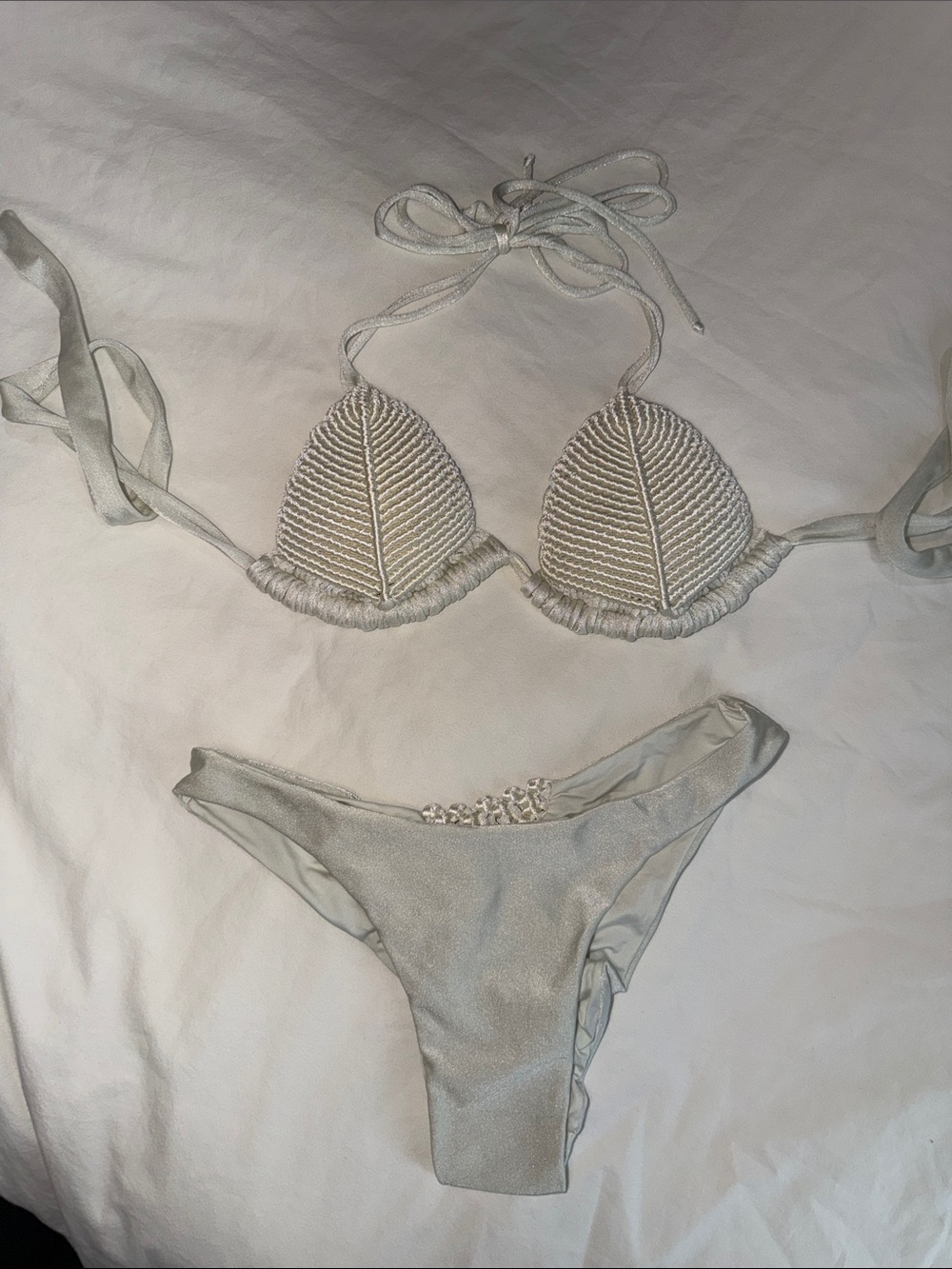 Handcrafted Cream Crochet Triangle Bikini Set - Women Swim